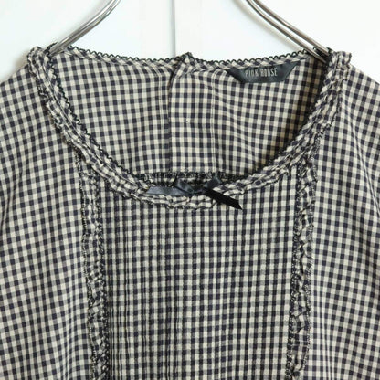 【極美品】ピンクハウス★ふんわりフォルム♪ギンガムチェックブラウス 紺系 サテンリボン♪＊z15830