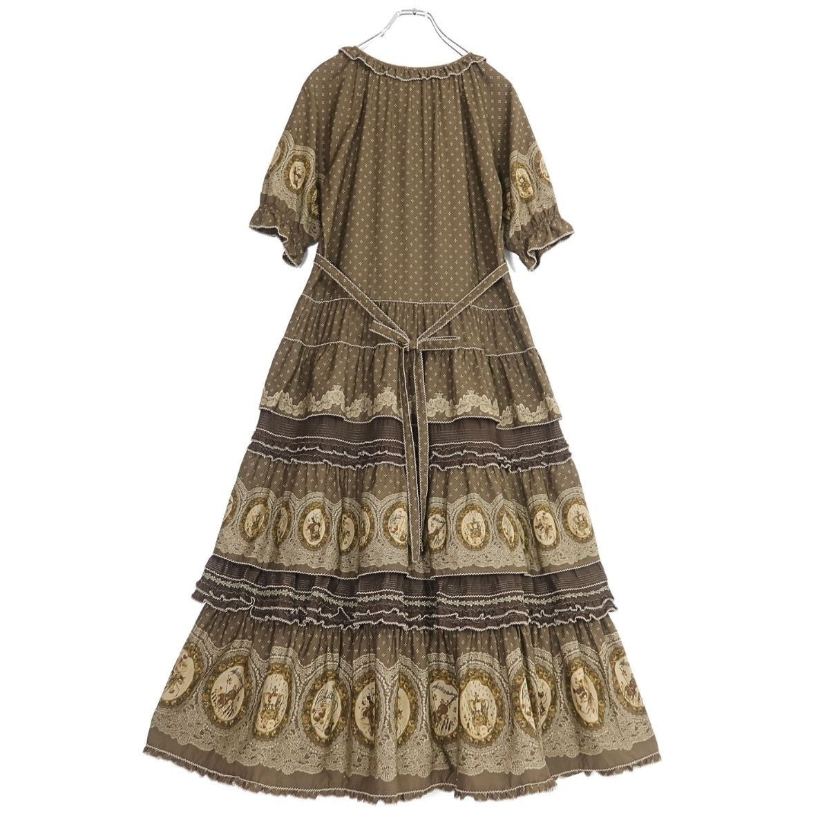 【レア美品】ピンクハウス★アンティーク調♪かぶせ段々ワンピース 茶系 王冠&黒猫&バイオリンpt♪薄手 z19739