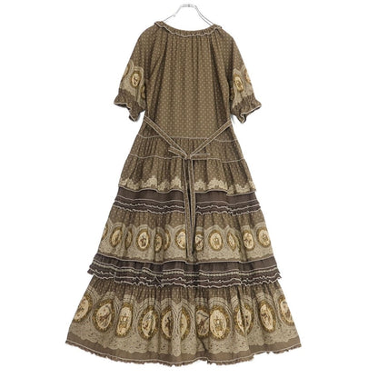 【レア美品】ピンクハウス★アンティーク調♪かぶせ段々ワンピース 茶系 王冠&黒猫&バイオリンpt♪薄手 z19739