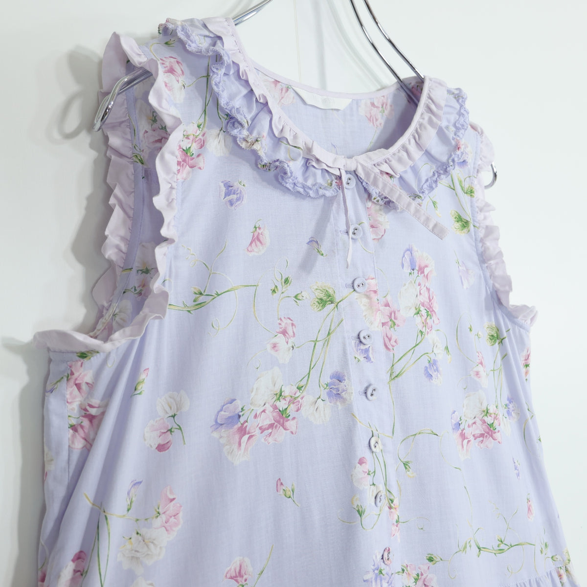 【極美品】ピンクハウス★スイートピーpt♪配色フリル使いワンピース ラベンダー系 前開き 2025年製 薄手 z22535