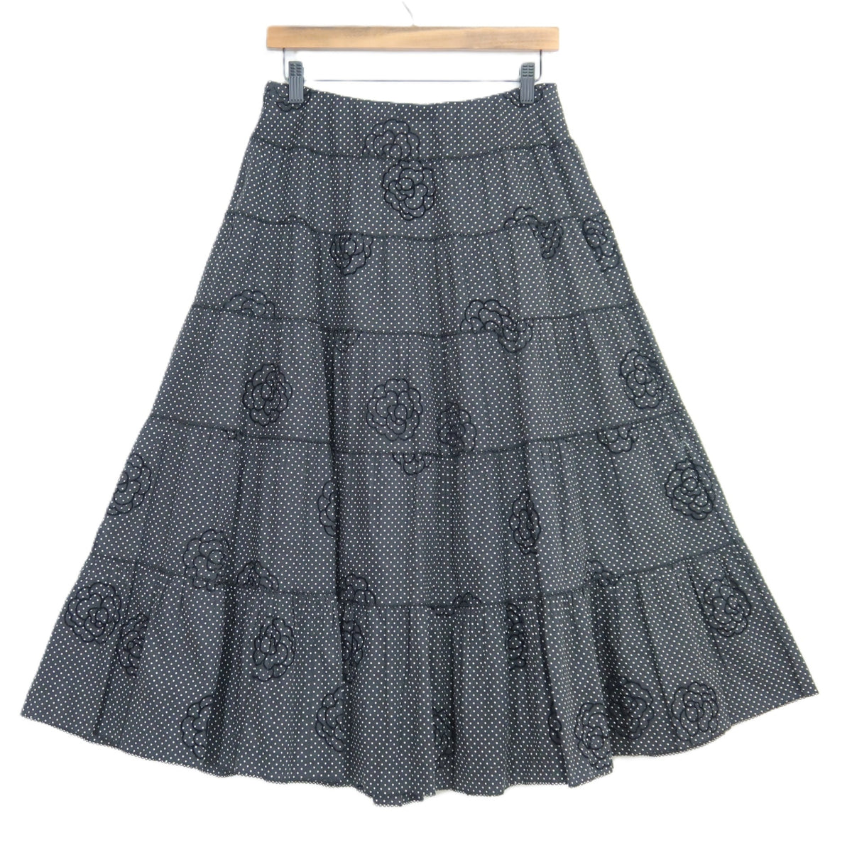 インゲボルグ★カメリア刺繍×ドット柄が可愛い♪ピコレース ティアードスカート サイズ11号 黒系 z20333