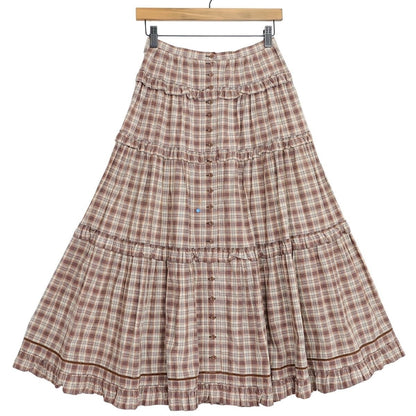ピンクハウス★カントリー調でレトロ可愛い♪ オリチェ柄フリルティアードスカート ボタン前開き はしごレース 薄茶系 z21354