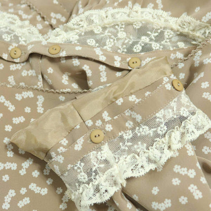 【美品】インゲボルグ★刺繍付チュールレース♪小花ptワンピース ベージュ系 繊細なレースリボン♪薄手 z20079