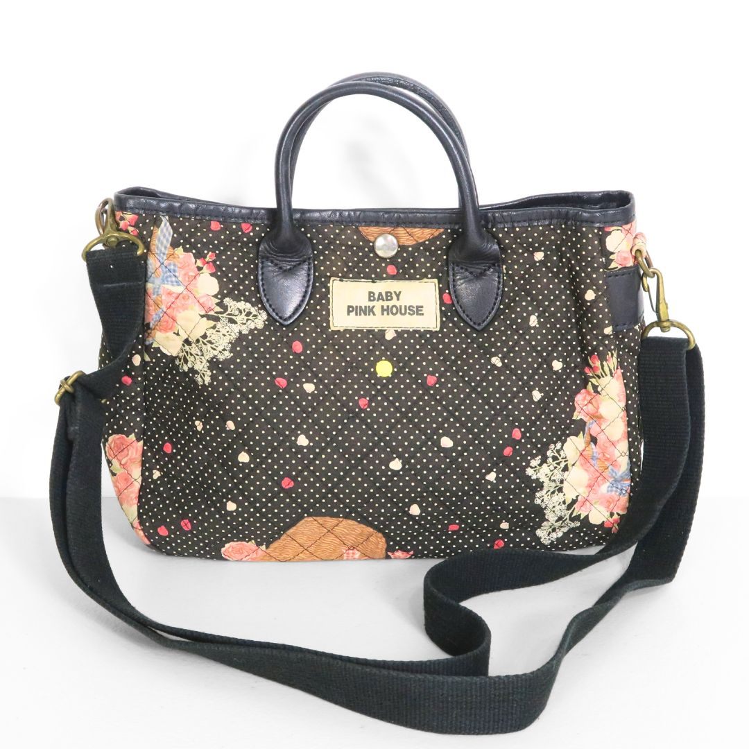 ベビーピンクハウス★花弁舞い散る花かごバスケット ドットキルティング ハンドショルダーバッグ　黒系　＊ba315