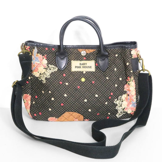 ベビーピンクハウス★花弁舞い散る花かごバスケット ドットキルティング ハンドショルダーバッグ　黒系　＊ba315