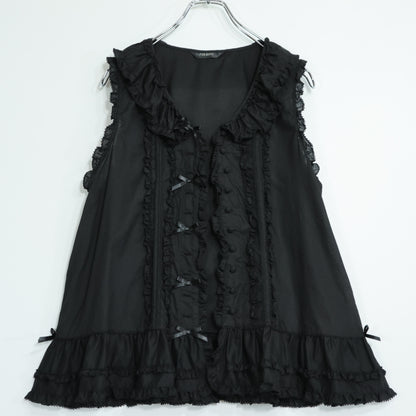 【美品】ピンクハウス★サテンリボンいっぱい♪ノースリーブローンブラウス 黒系 前開き 2023年製！薄手 z22173
