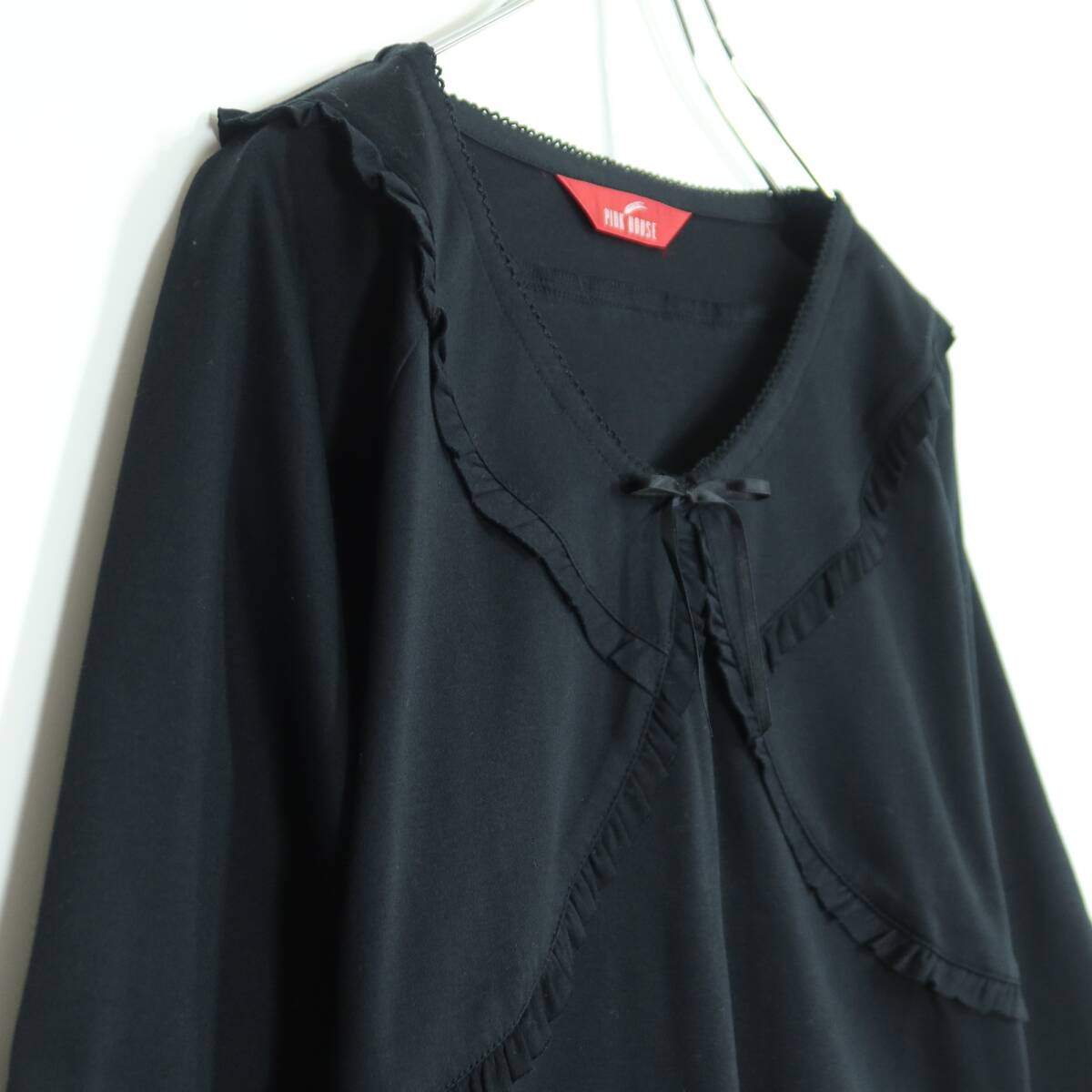 【美品】ピンクハウス★上下セット 重ね着風カットソー&ギャザースカート 大きいサイズL 黒系 フリル&リボン♪無地 z19859
