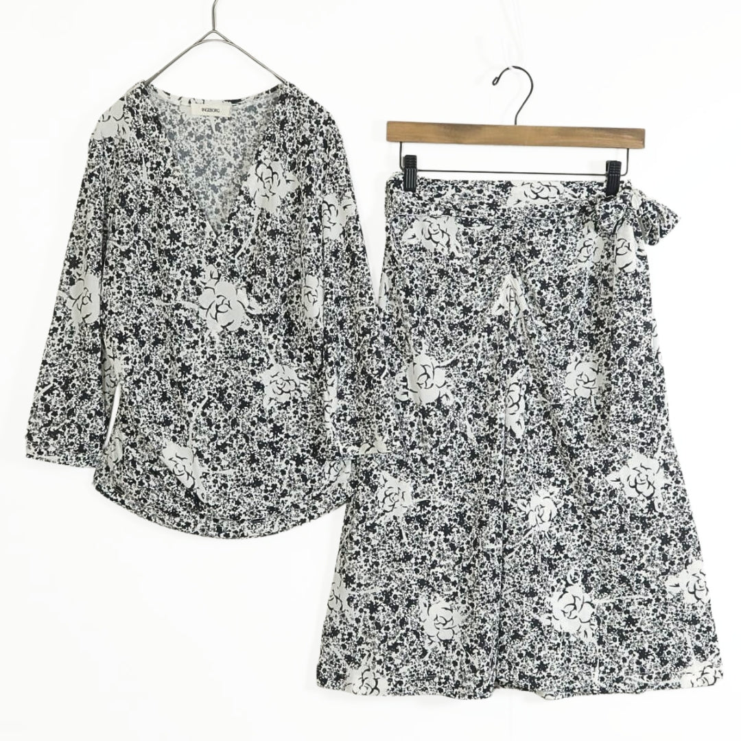 【美品】インゲボルグ★カシュクールブラウス&フレアスカート　二点セット！ サイズ9 黒×白系 花柄 z11747