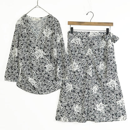 【美品】インゲボルグ★カシュクールブラウス&フレアスカート　二点セット！ サイズ9 黒×白系 花柄 z11747
