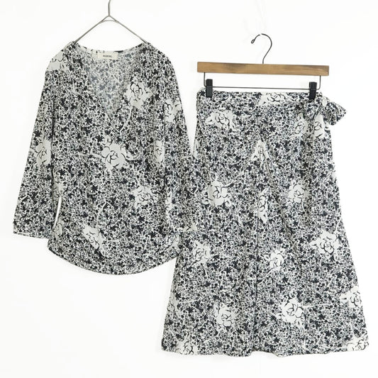 【美品】インゲボルグ★カシュクールブラウス&フレアスカート　二点セット！ サイズ9 黒×白系 花柄 z11747