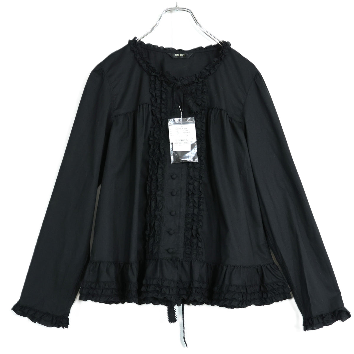 【極美品・紙タグ有】ピンクハウス★フリル使い♪ふんわりローンブラウス リボン 大きいサイズL 黒系 前開き 残布有 無地  z21850