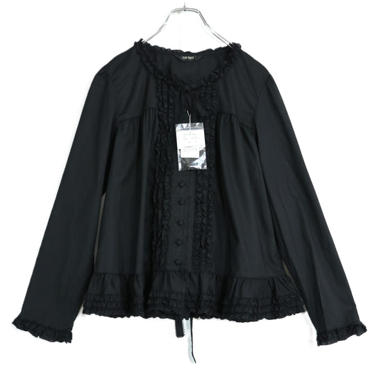 【極美品・紙タグ有】ピンクハウス★フリル使い♪ふんわりローンブラウス リボン 大きいサイズL 黒系 前開き 残布有 無地  z21850