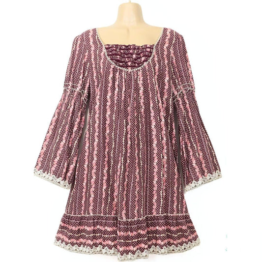 【美品】ピンクハウス★可愛い♪ローズ柄のブラウス チュニック レースアップ♪フリル&ローズのレース付き♪赤茶系 z7899s