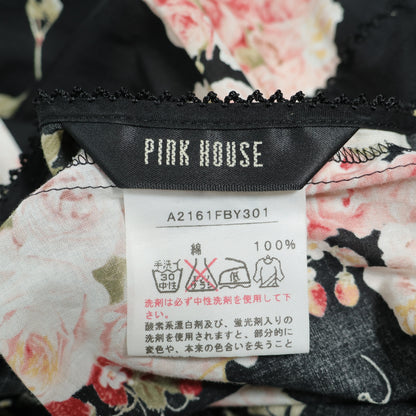 【美品】ピンクハウス★イチゴ&薔薇pt♪半袖ローンワンピース ミニ丈 黒系 前開き サテンリボン♪薄手 z22032