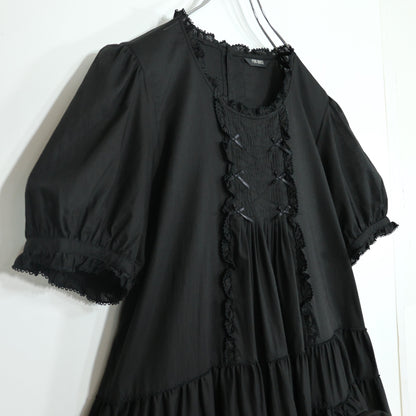 【極美品】ピンクハウス★たくし上げリボン♪ふんわりローンワンピース 黒系 ミニリボン使い♪2026年 z22517