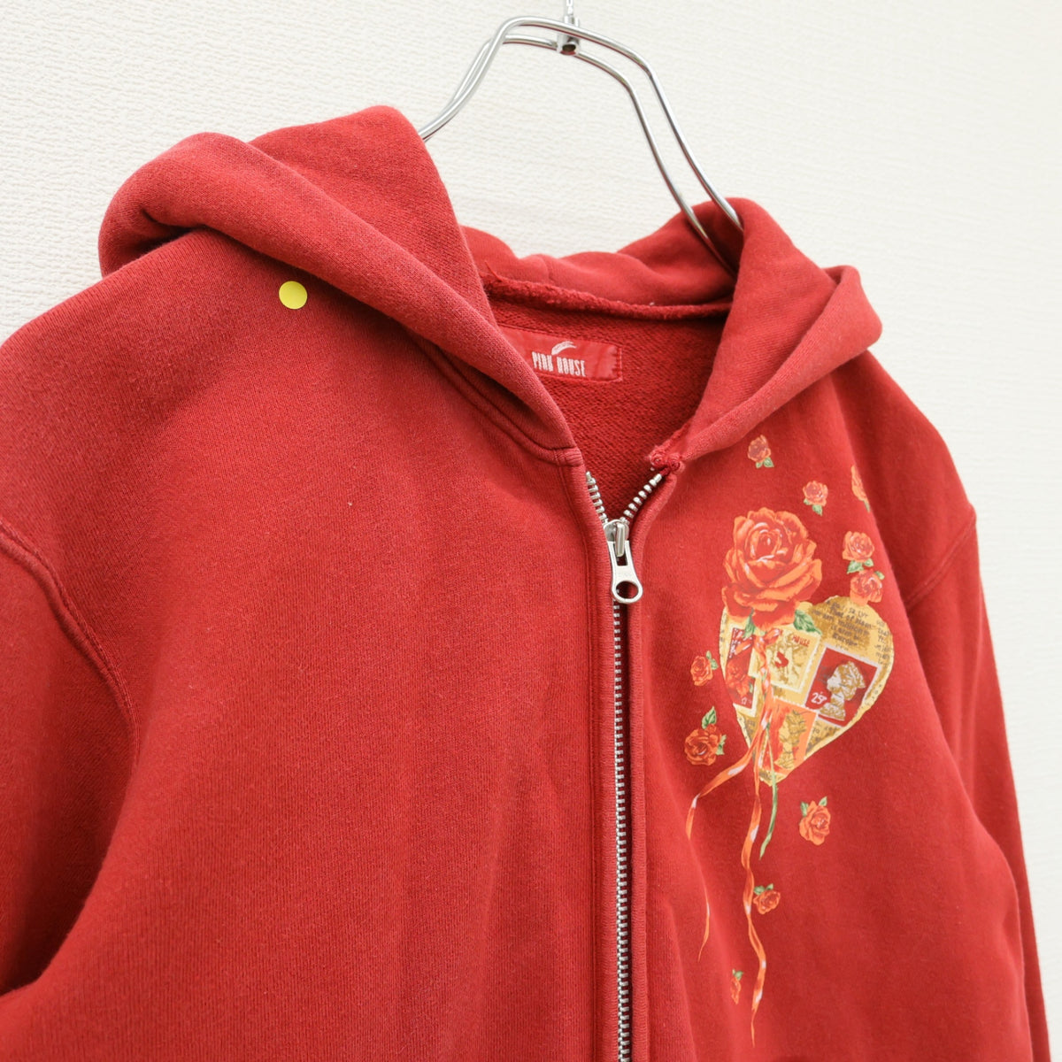 ピンクハウス★ハート×薔薇コラージュpt&ワッペン♪ジップアップパーカー フーディ サイズM 赤系 無地 厚手 z23326