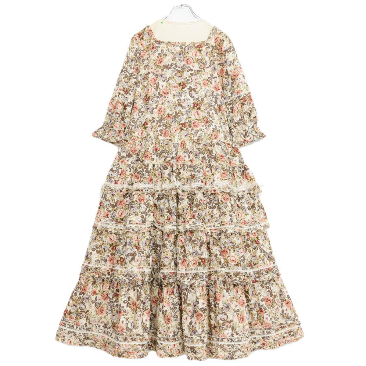 【美品紙タグ付】 ピンクハウス★クラシカルなエデンローズ柄♪ティアードフリルワンピース ブラウン系 z21332