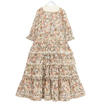 【美品紙タグ付】 ピンクハウス★クラシカルなエデンローズ柄♪ティアードフリルワンピース ブラウン系 z21332
