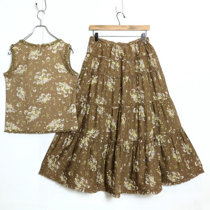 ワンダフルワールド カネコイサオ★花柄pt♪上下セット カットソー&ローンスカート 茶系 サイズM フリル&リボン♪z17878