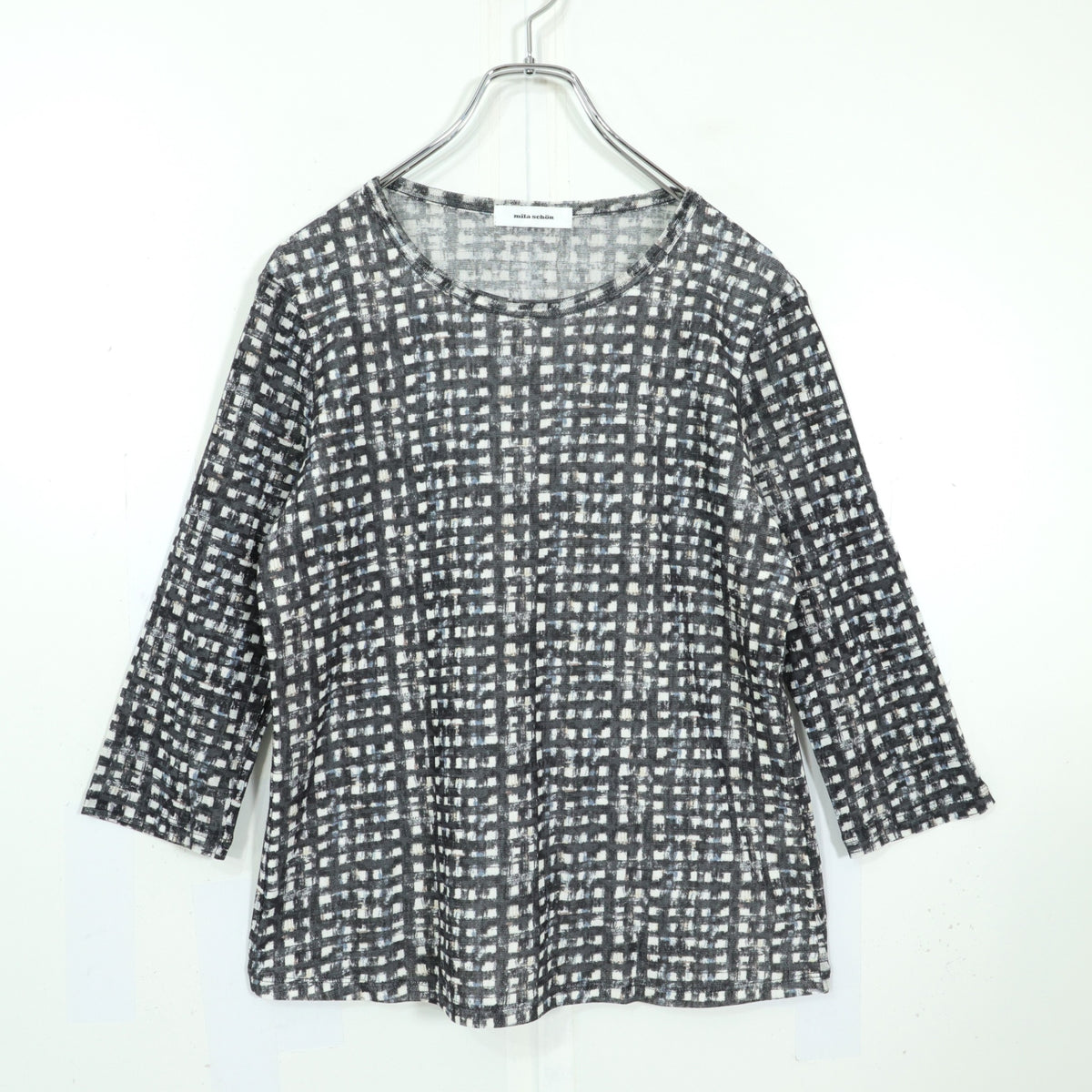 ミラショーン★二点セット♪長袖カットソー&ボックスプリーツスカート 大きいサイズ42 白×濃いグレー系 薄手 z22586