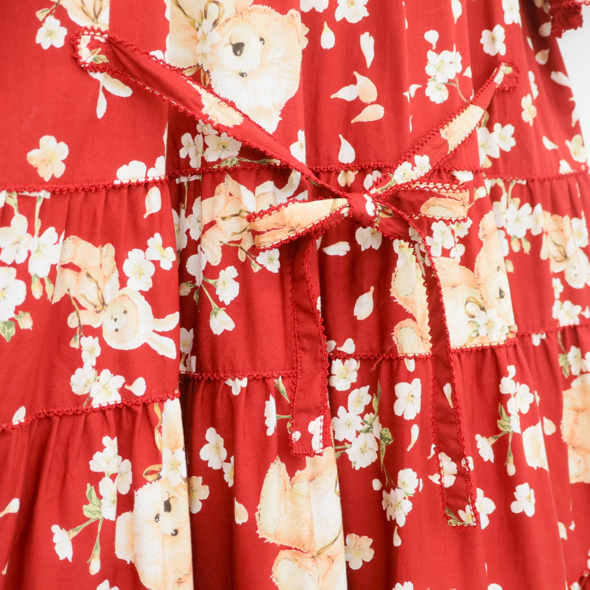 【極美品】ピンクハウス★桜Teddypt♪テディとうさぎの半袖ワンピース 赤系 前開き はしごレース&リボン 薄手 2025年製 z23385