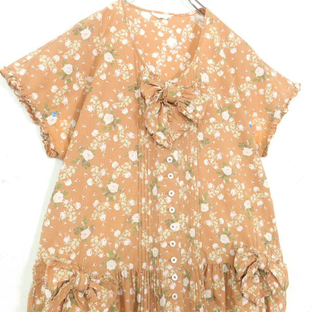 ピンクハウス★大きなリボン♪薔薇のフレンチ袖ワンピース オレンジブラウン系 前開き 薄手 z20712