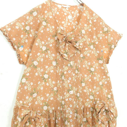 ピンクハウス★大きなリボン♪薔薇のフレンチ袖ワンピース オレンジブラウン系 前開き 薄手 z20712