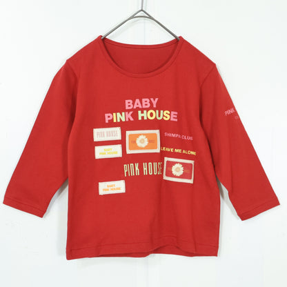 ベビーピンクハウス★たっぷりワッペンとカラフルロゴ♪ 七分袖カットソー・Tシャツ 親子コーデに！ キッズサイズS 赤系 z22151
