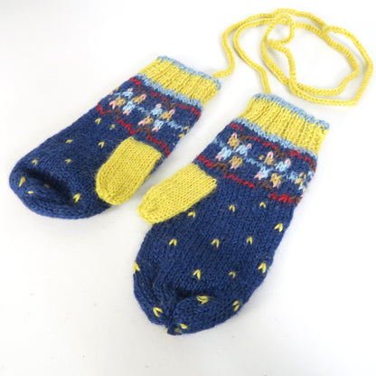 【美品】ピンクハウス★お花がかわいい♪紐付きミトン手袋 フェアアイル柄 ネイビー×イエロー系 so493