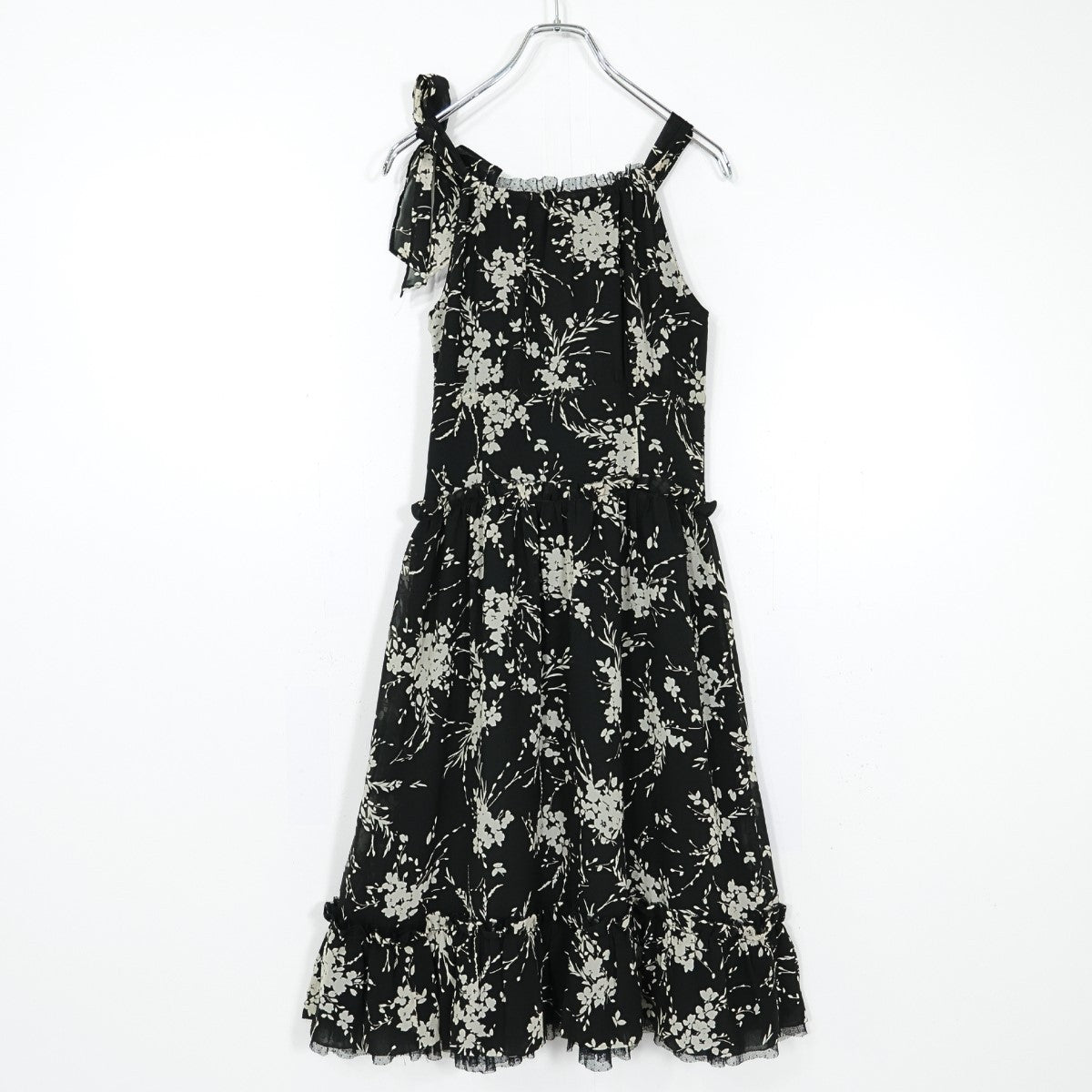 【美品】インゲボルグ★ドットチュールレース&お花pt♪キャミワンピ リゾートドレス サイズS 黒系 薄手 z22549