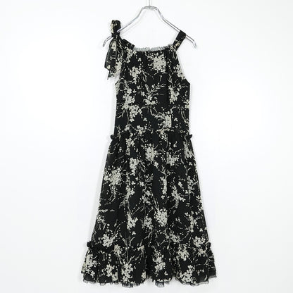 【美品】インゲボルグ★ドットチュールレース&お花pt♪キャミワンピ リゾートドレス サイズS 黒系 薄手 z22549