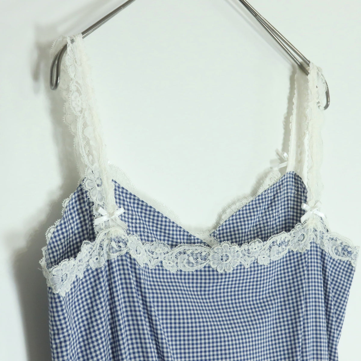 【美品】ピンクハウス★キャミソール ワンピース♪レース×ギンガムチェック ピコ刺繍 ティアード フレアスカート 青系 z18756