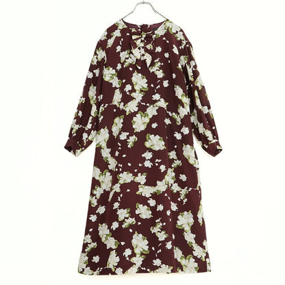 【美品】インゲボルグ★花柄pt♪ふんわり長袖ワンピース 赤茶系 大きなリボンも♪薄手 z21477