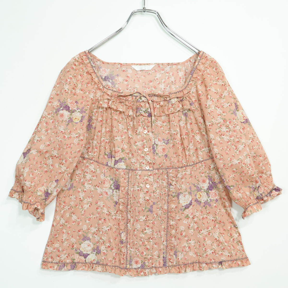 【美品】ピンクハウス★薔薇pt&段々フリル♪スクエアネックブラウス サーモンピンク系 前開き z22913