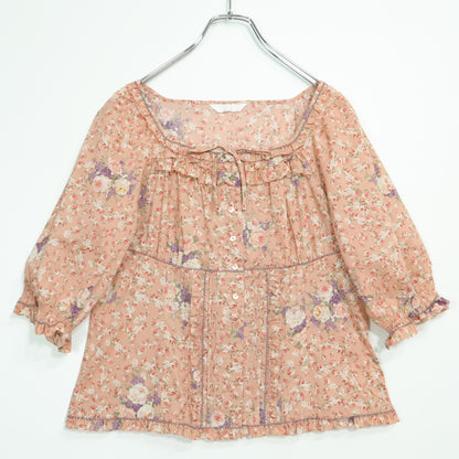 【美品】ピンクハウス★薔薇pt&段々フリル♪スクエアネックブラウス サーモンピンク系 前開き z22913