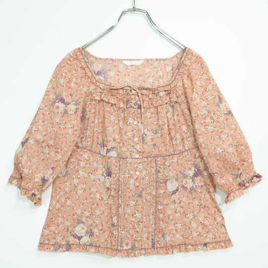 【美品】ピンクハウス★薔薇pt&段々フリル♪スクエアネックブラウス サーモンピンク系 前開き z22913