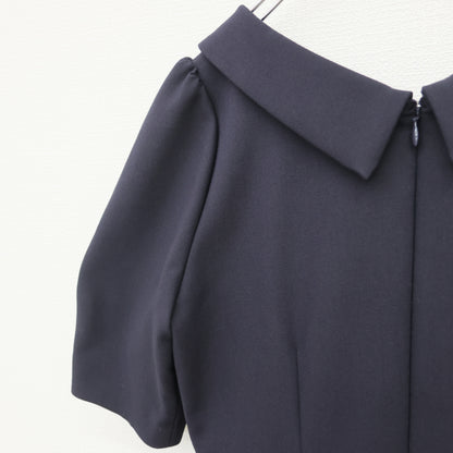 【美品】マーリエ ル カセット★上品ワンピース ふんわりタック入り サイズ7 紺系 パールビーズ♪無地 厚手 z23309