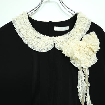 【美品】ピンクハウス★段々レース&リボン♪半袖ワンピース 黒系 ふんわりフォルム♪無地 薄手 z23039