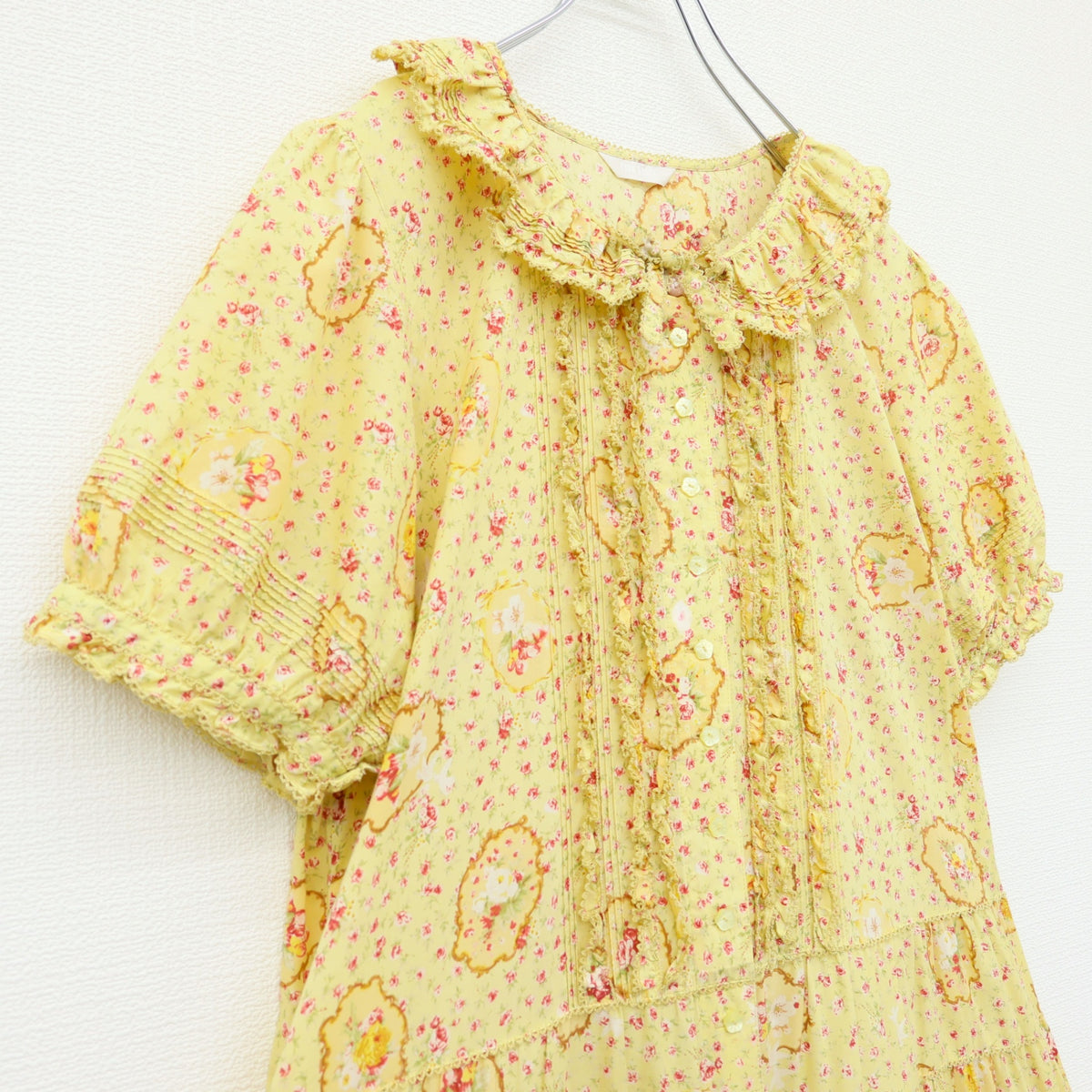 ピンクハウス★ミニ薔薇&小鳥pt♪半袖ワンピース 大きいサイズL イエロー系 前開き 薄手 z23379