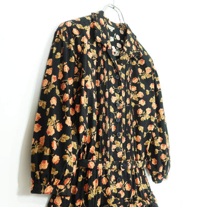 【レア美品】インゲボルグ★華やか薔薇pt♪七分袖ワンピース 黒系 前開き はしごレース&リボン♪薄手 z20078