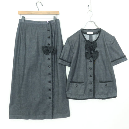 【美品】インゲボルグ★セットアップ♪大人可愛い フリル使い 3WAY ジャケット スカート 大きいサイズL 黒系 z20395