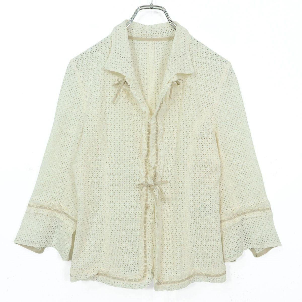 【美品】インゲボルグ★かぎ編みレースが可愛い♪リボン付き 透け感のあるジャケット♪サイズM 白系 z20371