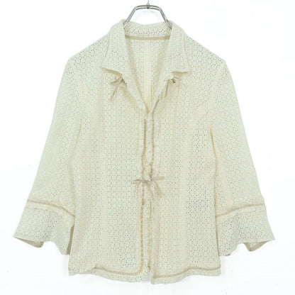 【美品】インゲボルグ★かぎ編みレースが可愛い♪リボン付き 透け感のあるジャケット♪サイズM 白系 z20371