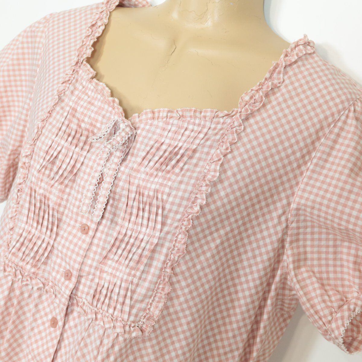【美品】ピンクハウス★大人可愛い♪半袖ワンピース ミニ丈 キュートな総ギンガムチェック！薄手 春夏 ピンク×白系 z8532s