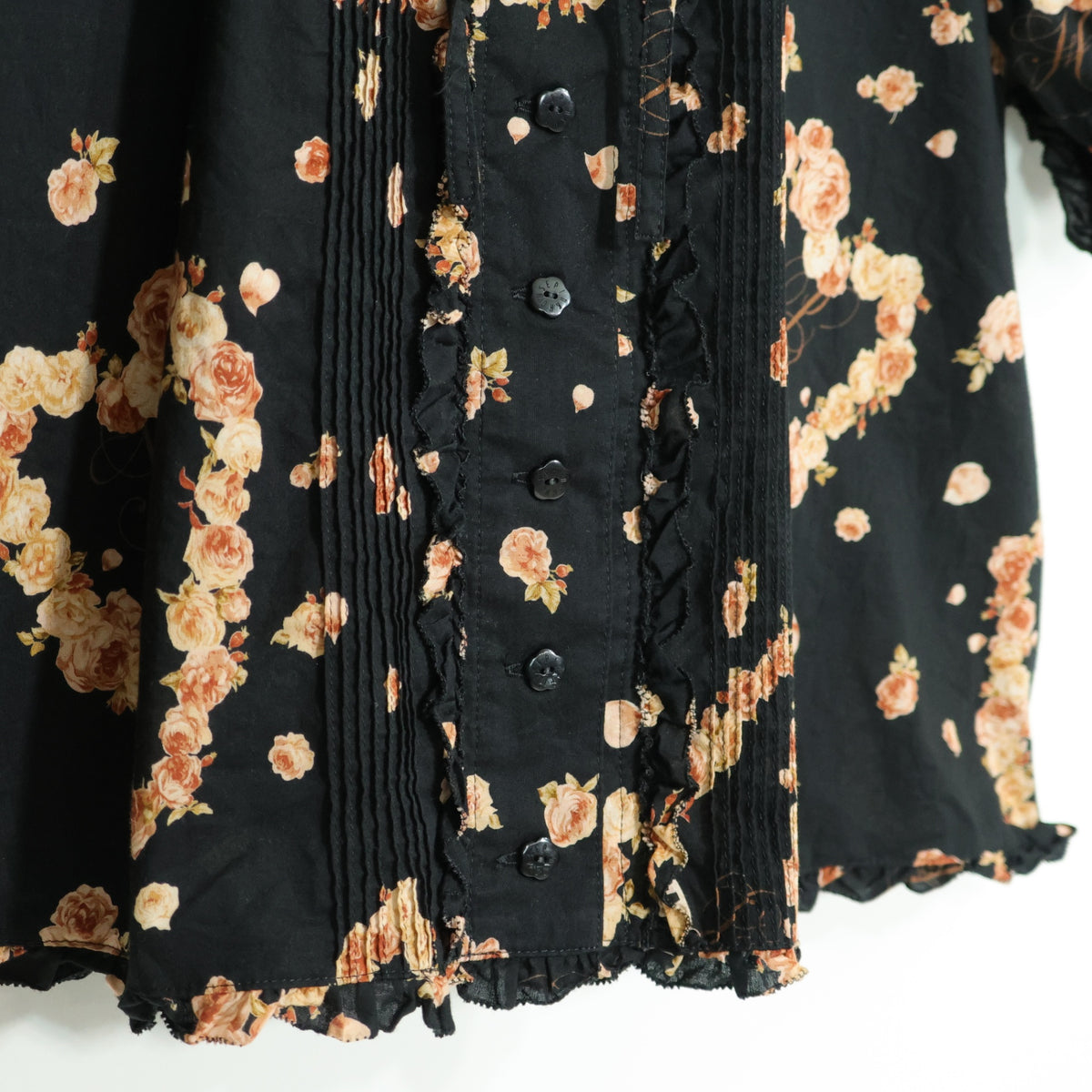 ピンクハウス★大人可愛いハートモチーフ♪薔薇柄 綿ローン リボン付き 半袖ブラウス 黒系 z22923