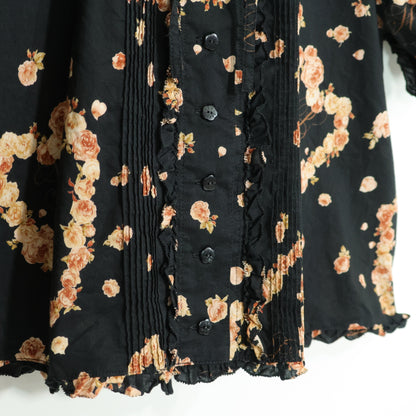 ピンクハウス★大人可愛いハートモチーフ♪薔薇柄 綿ローン リボン付き 半袖ブラウス 黒系 z22923