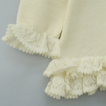 【美品】メゾピアノ★立体モチーフ♪フリル使いニットセーター アイボリー系 サイズM あったかウール100♪z23412