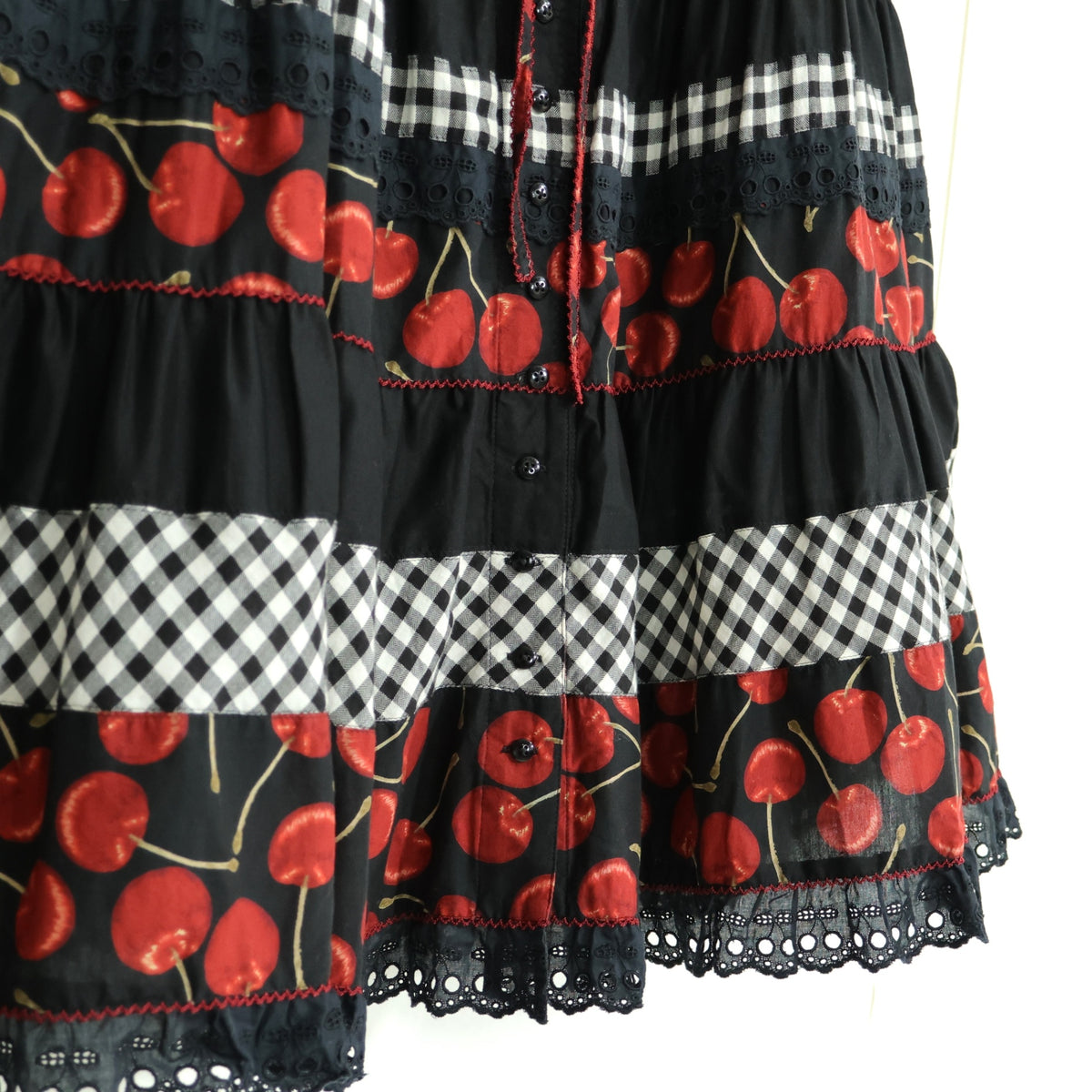 【美品】ピンクハウス★ギンガムパッチワーク♪チェリーpt半袖ローンワンピース 黒系 前開き 薄手 z22030