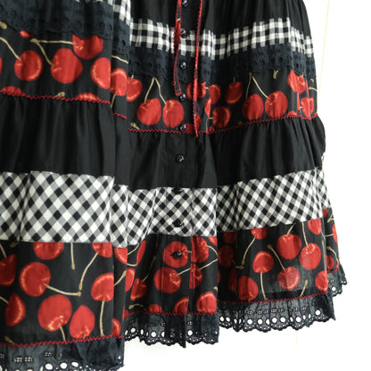 【美品】ピンクハウス★ギンガムパッチワーク♪チェリーpt半袖ローンワンピース 黒系 前開き 薄手 z22030