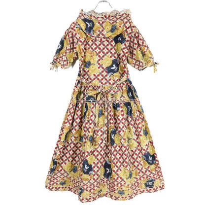 【美品】ワンダフルワールド カネコイサオ★可愛い！くま総柄 チェックpt♪フード付ワンピース  薄手 赤系＊z18590